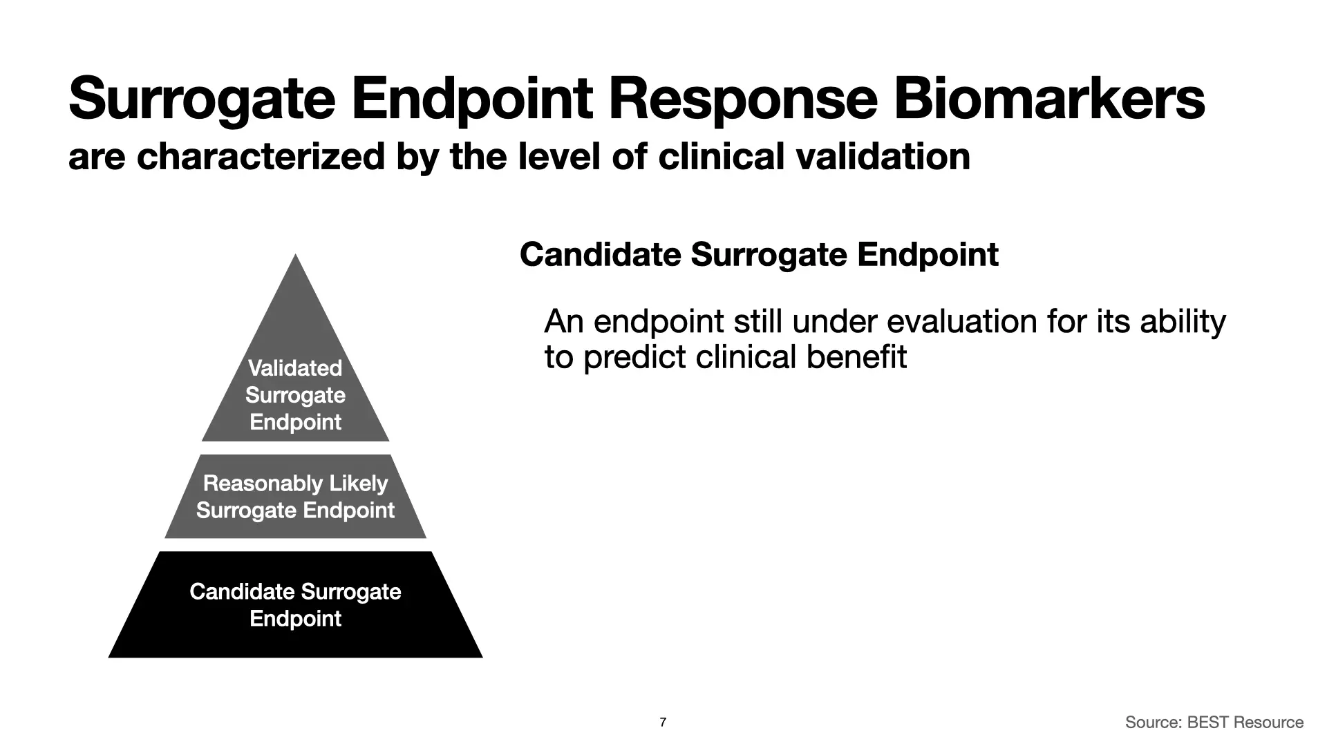 Slide 7: Surrogate Endpoint Response Biomarkers are characterized by the level of clinical validation. The pyramid graphic appears again, with 'Candidate Surrogate Endpoint' highlighted. A 'Candidate Surrogate Endpoint' is an endpoint still under evaluation for its ability to predict clinical benefit.